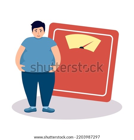 Fat man worrying about his weight in flat design on white background. Royalty-Free Stock Photo #2203987297
