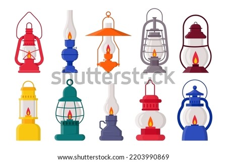 Vintage kerosene lamps vector illustrations set. Collection of old oil, gas lanterns with holders and burning candles, lighting for miners or travelers on white background. Camping, traveling concept