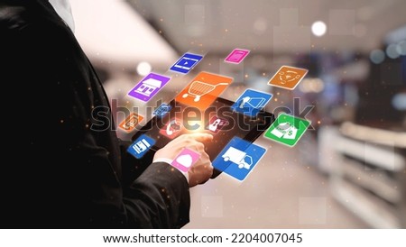 Omni channel technology of online retail business approach. Multichannel marketing on social media network offer service of internet payment channel, online retail shopping and omni digital app Royalty-Free Stock Photo #2204007045