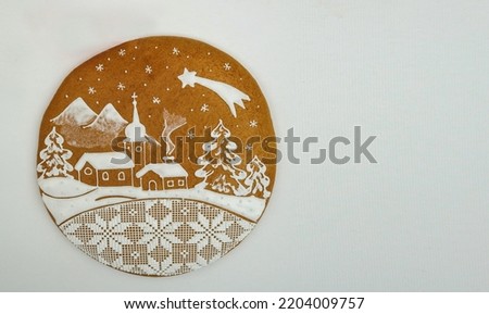 Winter Christmas landscape painted on a honey tree.
Cartoon winter landscape with Christmas atmosphere. Christmas baking, pastries, tradition. White background with the possibility of writing.