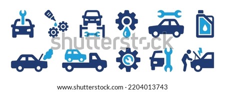 Car repair service icon set. Containing car mechanic, change automobiles engine oil and tow truck icons. Vector illustration.
