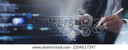 Operations management concept. Businessman on digital tablet with virtual innovation Operations management, business process and problem solving, monitoring and innovation, quality control Royalty-Free Stock Photo #2204017397