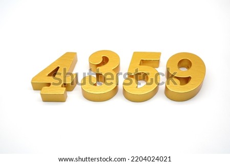  Number 4359 is made of gold-painted teak, 1 centimeter thick, placed on a white background to visualize it in 3D.                               