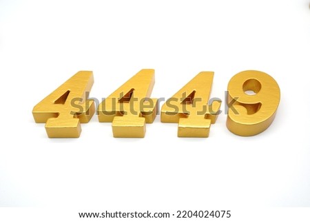   Number 4449 is made of gold-painted teak, 1 centimeter thick, placed on a white background to visualize it in 3D.                                   