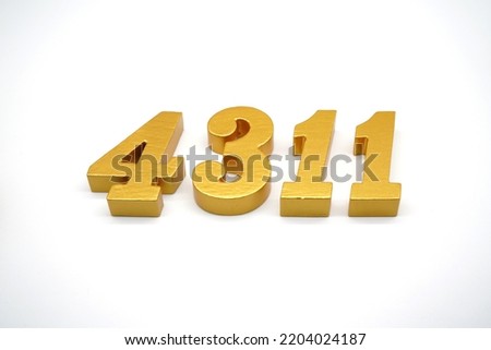  Number 4311 is made of gold-painted teak, 1 centimeter thick, placed on a white background to visualize it in 3D.                                 