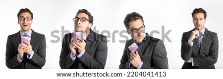 Collage of businessman holding cash money with different emotions isolated on white background. The way how man gets money concept
