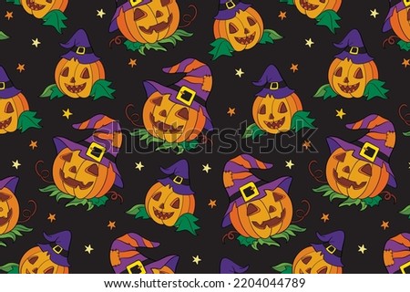 Seamless pattern of halloween with cute smiling pumpkins in witch hats on black background. Vector illustration. Clip art for party, print, linen, design, wallpaper, decor, textile, kids apparel
