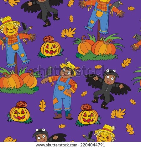Seamless pattern of halloween with cute scarecrows and pumpkins on purple background. Vector illustration. Clip art for halloween party, print, linen, design, wallpaper, decor, textile, kids apparel