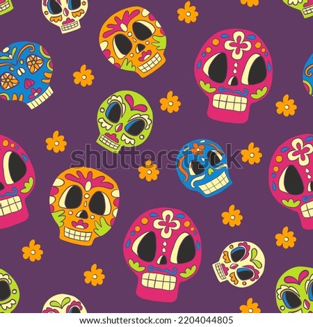 Seamless pattern of halloween with cute mexican sugar skulls on purple background. Vector illustration. Clip art for party, print, linen, design, wallpaper, decor, textile, kids apparel