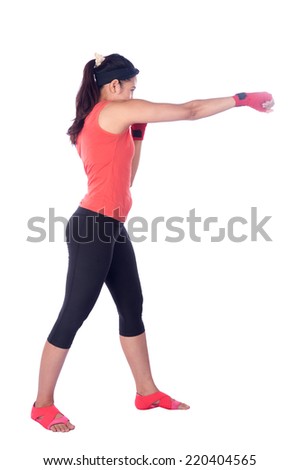 Young attractive with boxing gloves are ready for battle. Beautiful sporty fit yogini woman doing yoga practice on White background-concept,healthy life and natural balance