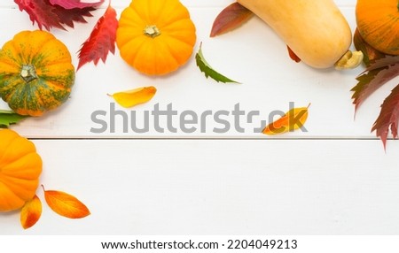 Different pumpkins and autumn leaves on a white wooden background