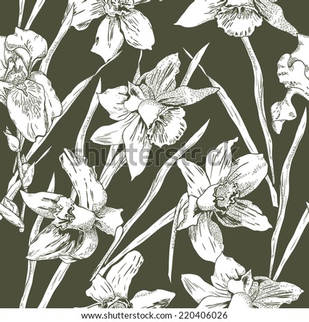 Seamless pattern with beautiful daffodils and irises