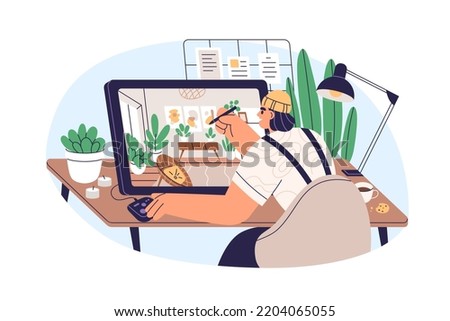 Interior designer drawing apartment plan, creating 3d home layout, furniture arrangement on tablet PC screen with design software. Creative work. Flat vector illustration isolated on white background Royalty-Free Stock Photo #2204065055