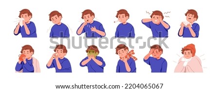 Boy with flu, cold symptoms set. Ill sick kid sneezing, coughing. Child with influenza, runny nose, headache, fever, sore throat, illness. Flat graphic vector illustration isolated on white background Royalty-Free Stock Photo #2204065067