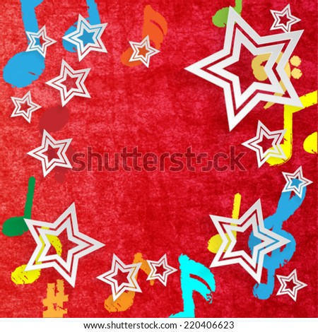 Colored Grunge Music Note and White Paper Star on the Red Luxury Background . Vector Illustration . 