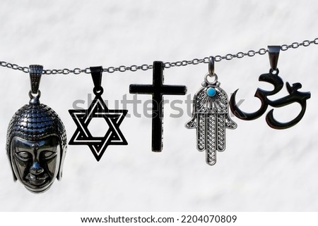 Religious symbols.  Christianity, Islam, Judaism, Buddhism and Hinduism. Interfaith dialogue.   Royalty-Free Stock Photo #2204070809