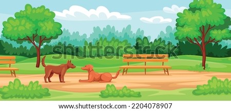 Beautiful park landscape. Dogs or puppies walk in park with benches, green trees and plants. Nature and environment. Animals play outdoor. Background for printing. Cartoon flat vector illustration