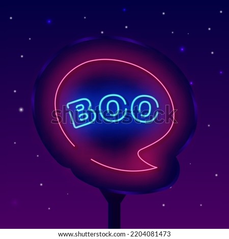 Boo street billboard. Happy Halloween design. Simple typography. Glowing scary holiday emblem. Night club advertising. Season october decoration. Vector stock illustration
