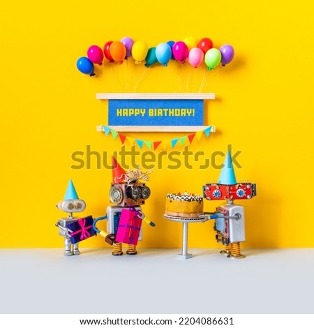 Funny holiday poster. Happy birthday congratulation greeting card. Toy robot holding a birthday cake, festive banner decorated with balloons, garland of flags Royalty-Free Stock Photo #2204086631