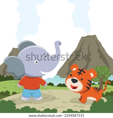 Cute little elephant and little tiger play around swamp. Funny Kid Graphic Illustration. T-Shirt Design for children. Creative vector childish background for wallpaper, poster and other decoration.