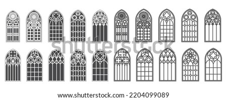 Church windows set. Silhouettes of gothic arches in line and glyph classic style. Old cathedral glass frames. Medieval interior elements. Vector Royalty-Free Stock Photo #2204099089