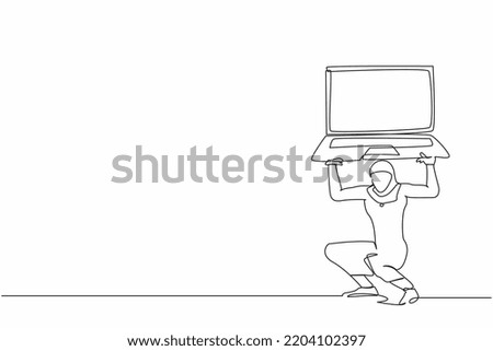 Continuous one line drawing Arabian businesswoman carrying heavy laptop computer on her back. Tired or burnout employee fatigue from work. Boring office worker. Single line design vector illustration