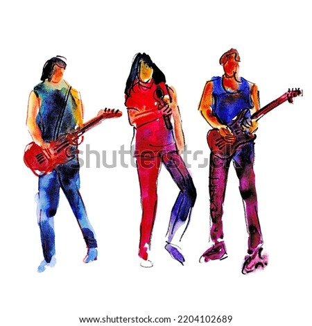 Watercolor hand drawn illustration: musical rock band, two people with guitars and one man with a microphone