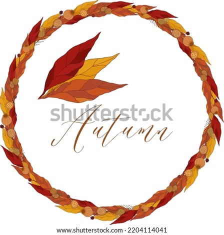Autumn wreath of red and yellow dry leaves and berries. Hand drawn vector illustration of autumn view