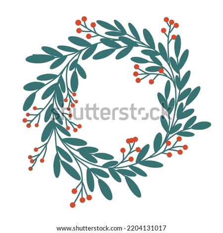 Christmas wreath. Decor for New Year Christmas and holiday. Wreath with holly berries, mistletoe, pine and fir branches, cones, rowan berries. Hand drawn illustration isolated on the white background Royalty-Free Stock Photo #2204131017