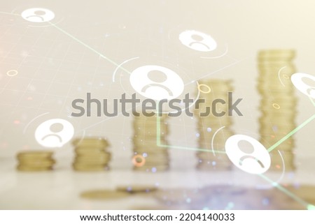 Double exposure of abstract virtual social network icons on growing stacks of coins background. Marketing and promotion concept