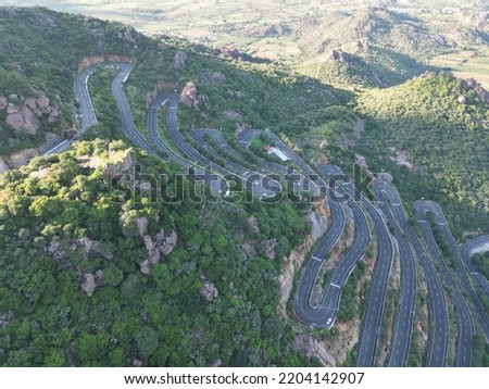 Hill area ghat road aerial view. Kondaveedu (Guntur District, Andhra Pradesh, India) Royalty-Free Stock Photo #2204142907