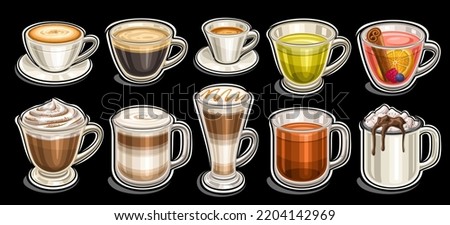 Vector Coffee and Tea set, large group of variety cut out illustrations porcelain coffee cup, clear mug with hot dark beverage, cartoon design whipped cappuccino, layered coffee dessert in tall glass Royalty-Free Stock Photo #2204142969