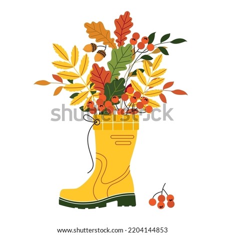 vector illustration of autumn clip art with leaves, rowan berries and a rubber boot isolated on a white background. the concept of autumn in a flat drawing with lines. EPS 10.