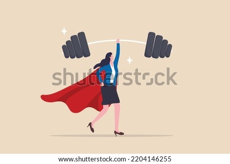 Woman strength powerful superhero, lady leadership or success female leader, pride, ambition, effort or business champion concept, confidence powerful businesswoman superhero lifting heavy weight. Royalty-Free Stock Photo #2204146255