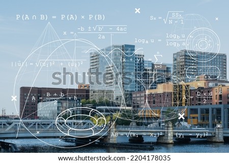 Panorama city view of Boston Harbour at day time, Massachusetts. Building exteriors of financial downtown. Technological and educational concept. Academic research, top ranking universities, hologram
