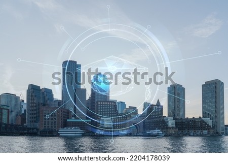 Panorama city view of Boston Harbour at day time, Massachusetts. Building exteriors of financial downtown. Technological and educational concept. Academic research, top ranking universities, hologram