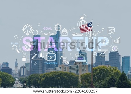 Summer day time cityscape of Philadelphia financial downtown, Pennsylvania, USA. City Hall neighborhood. Startup company, launch project to seek, develop and validate scalable business model, hologram
