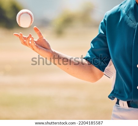 Sports ball, baseball and woman player on a field or pitch for exercise, training or a tournament match outside. Hand of female athlete playing a competitive game for fitness, recreation and fun