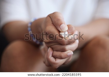 Mental health, depression and nervous hands in lap during therapy. Anxiety, addiction and recovery, support in rehab or professional care. Breakup, divorce or heartbreak, woman with emotional trauma. Royalty-Free Stock Photo #2204185595