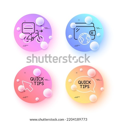 Quick tips, Wallet and Food delivery minimal line icons. 3d spheres or balls buttons. Quickstart guide icons. For web, application, printing. Helpful tricks, Internet money, Bicycle courier. Vector