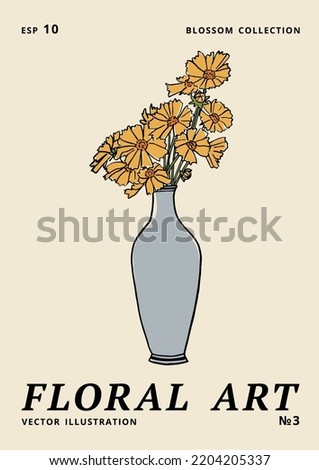 Vector illustration - ink floral posters with coreopsis flowers in vase. Art for for prints, wall art, banner, background