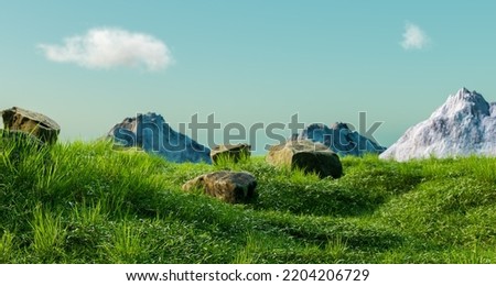 3d rendering of a sunny alpine meadow with lush grass and distant snowy mountains.