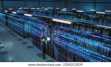 3D Graphics Concept: Big Data Center Female Chief Technology Officer Using Laptop Standing In Warehouse, Activates Servers, Information Digitalization Starts. SAAS, Cloud Computing, Web Service Royalty-Free Stock Photo #2204212039