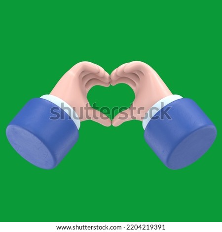 Green Screen Mock-up.Cartoon light skin tone hand with gold sleeves showing gesture heart Green Screen for footage and clipping path.
