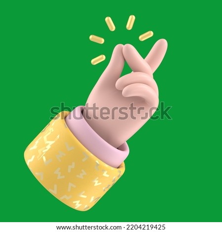Green Screen Mock-up.Cartoon hand with dark blue sleeves showing snap gesture with a gold sound, light skin tone, Green Screen for footage and clipping path.
