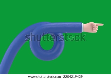 Green Screen Mock-up.3D illustration of  abstract cartoon character flexible knotted caucasian hand,  finger pointing gesture, Green Screen for footage and clipping path.
