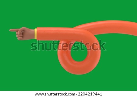 Green Screen Mock-up.3D illustration of  flexible African human arm, elastic cartoon character hand with pointing finger.Green Screen for footage and clipping path.
