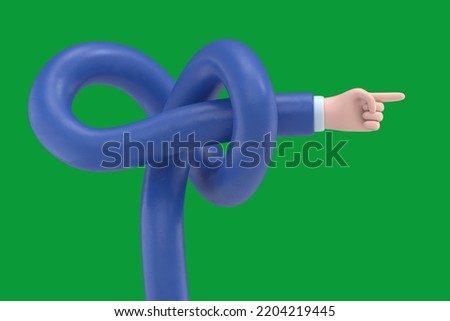 Green Screen Mock-up.3D illustration of  funny cartoon character knotted hand shows direction with pointing finger. Green Screen for footage and clipping path.
