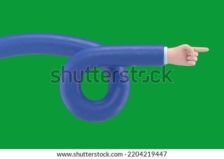 Green Screen Mock-up.3D illustration of  flexible human arm, elastic cartoon character hand with pointing finger. Green Screen for footage and clipping path.
