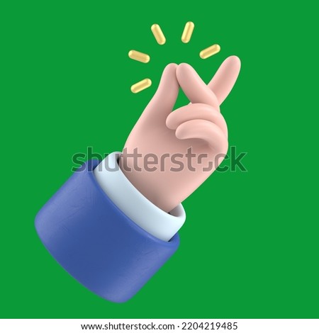 Green Screen Mock-up.Cartoon hand with dark blue sleeves showing snap gesture with a gold sound, light skin tone, Green Screen for footage and clipping path.
